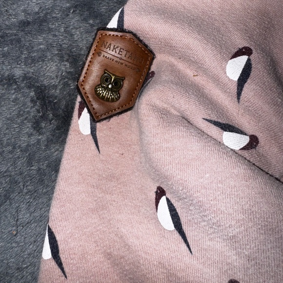 Naketano Blush Hoodie with Leather Patches Carrying Metal Owls Woman’s Large - Picture 3 of 4
